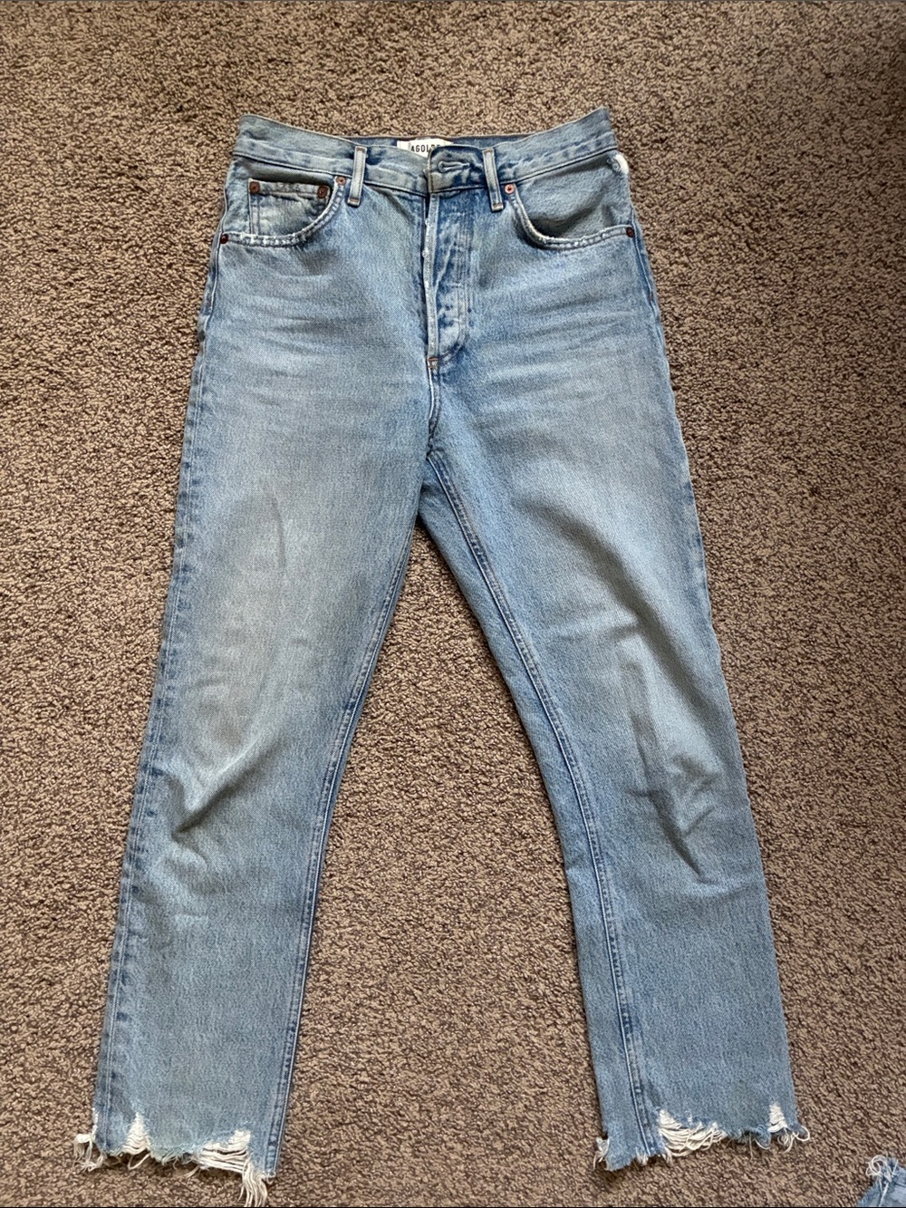 Agolde Light Wash Straight Jeans with Distressed Hem